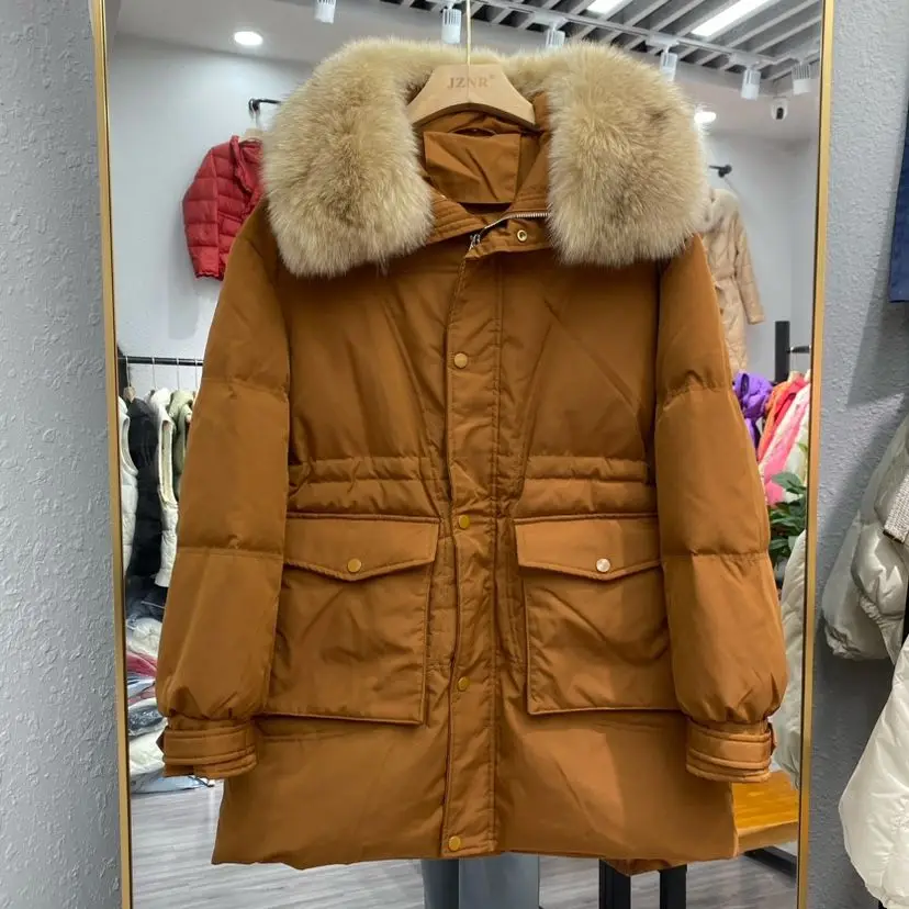 

2023 New Winter Female Large Real Fur Collar Long Coat Casual Lady Coat Women White Duck Down Coat Snow Warm Outwear Y95