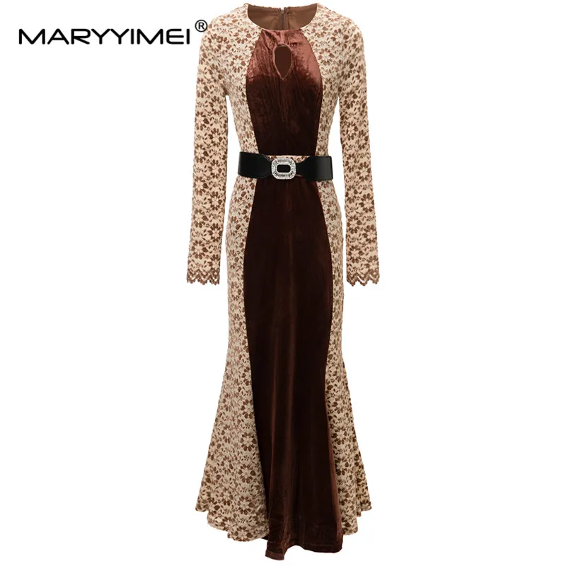 

MARYYIMEI New Fashion Runway Designer Women's Long Sleeved Velvet Embroidered Nail Beads Detachable Waistband Retro Dress