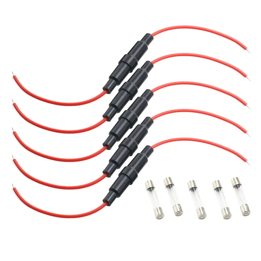 5Set 5PCS 5*20/6*30mm Glass Fuse Holder Screw Type with 5PCS 16/18/20/22AWG Wire Cable 5X20/6X30MM Fuse Tube (5PCS+5PCS=10PCS)