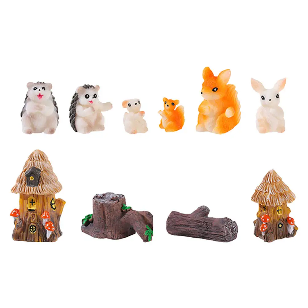 10Pcs Cute Resin Miniature Fairy Garden Statues Hedgehog Squirrel Rabbit Micro Landscape Decoration for Succulent Terrarium