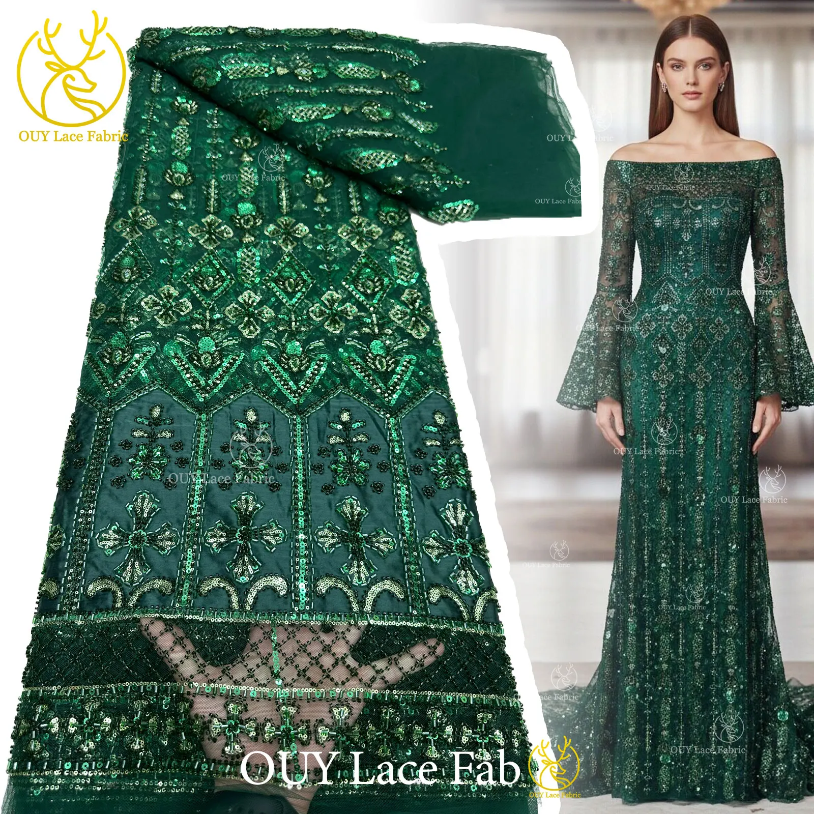 

Fashion French Sequin Lace Fabric High-Quality African Beaded Lace Fabric Nigerian Embroidered Fabric Evening Gown Sewing