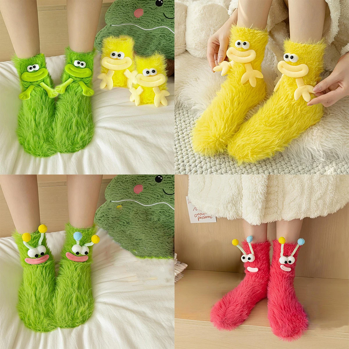 3D Neuheit Gesicht Fuzzy Socken Winter Korallen Fleece Boden Socken Paar Schlaf Socken Weihnachten Strümpfe Lustige Cartoon Monster Socken