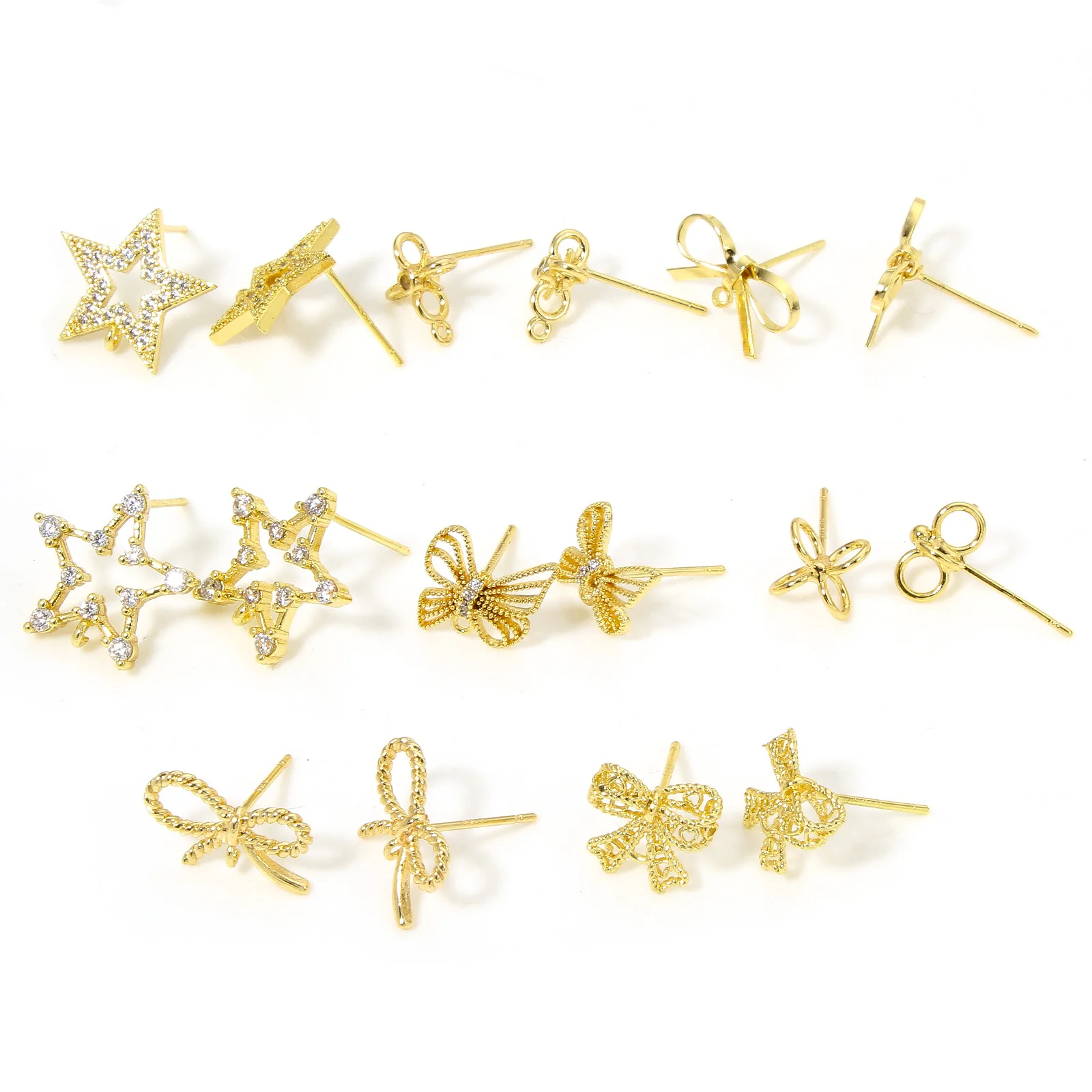 Pendientes de latón para la oreja, aretes de 2 piezas, Color dorado, con lazo de encaje, diamantes de imitación transparentes, para fabricación de joyas