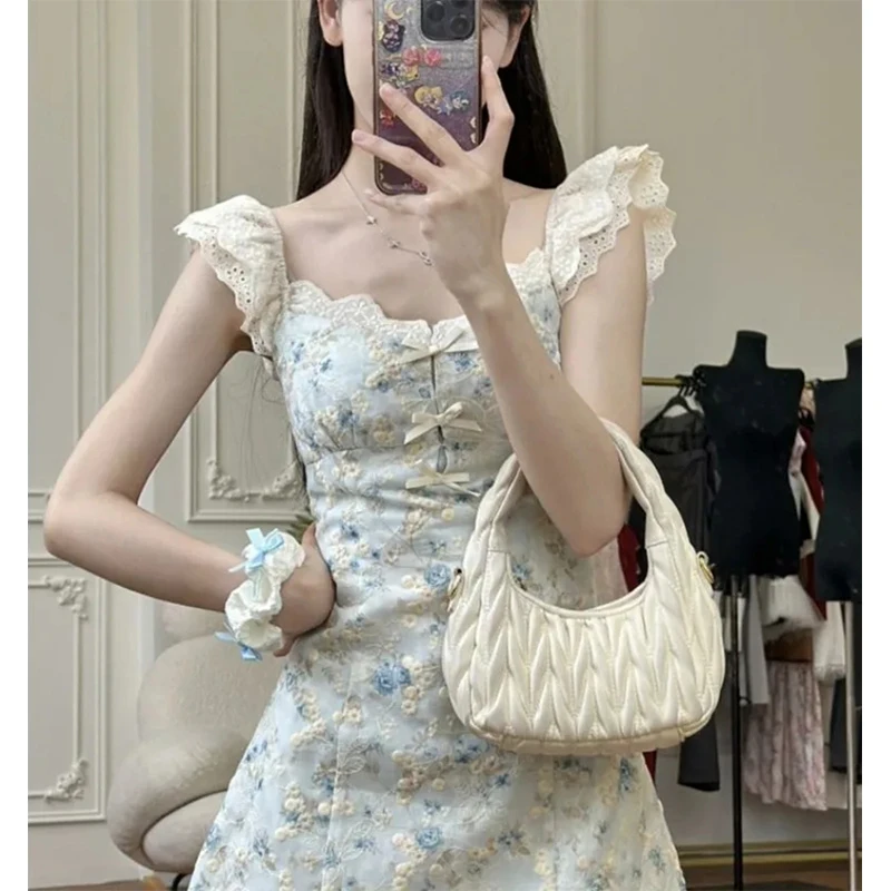 ヴィンテージ花柄ミニドレス女性エレガントな弓レースパーティードレス韓国フライングスリーブスクエアカラーボディコンデザイン夏 Vestidos