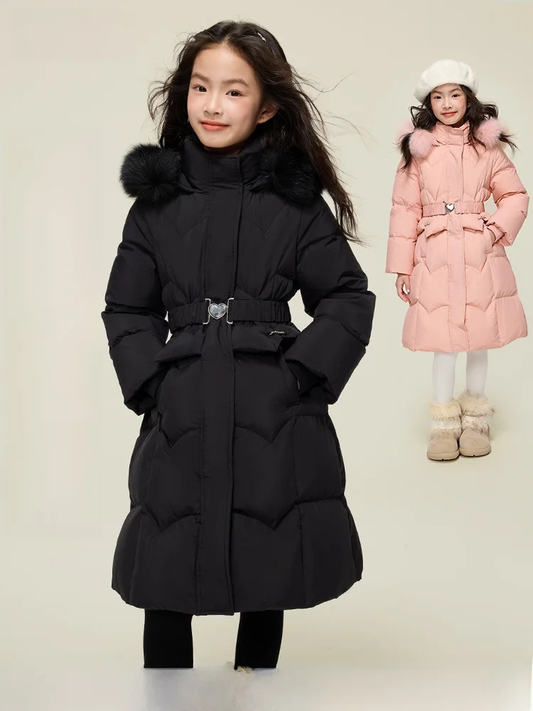 girls'-mid-length-down-jacket-winter-fashionable-waist-cinching-fur-collar-no-belt-casual-style-regular-fit-white-duck-down