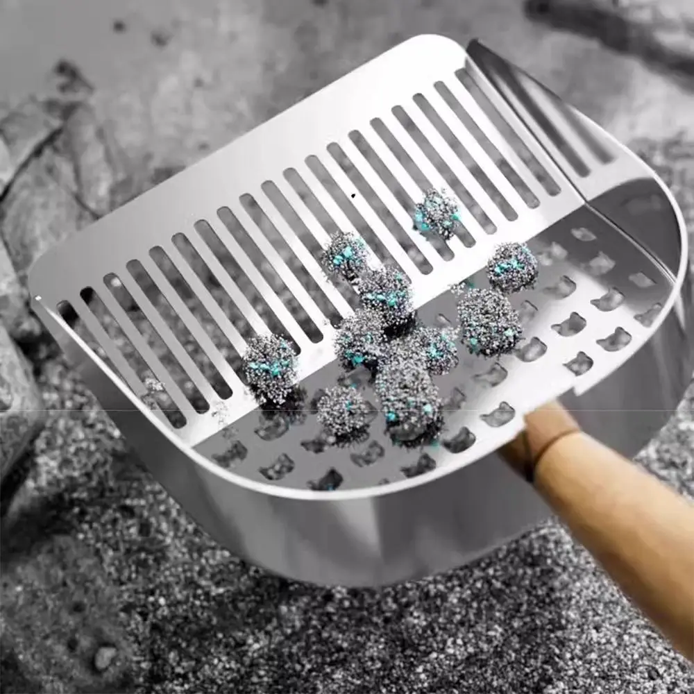 

2 in 1 Cat Litter Scoop Stainless Steel Wood Handle Cat Poop Sifting Tool Comfortable Grip Non-stick Toilet Garbage Picker