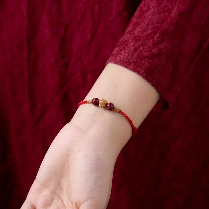2026 New Old Peach Wood Cinnabar Fortune Bamboo Joint Peace Red String Zodiac Year Transfer Bead Unisex Jewelry