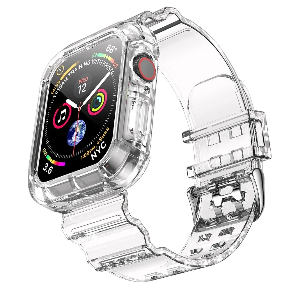Hülle+Armband für Apple Watch 44mm 40mm 46mm 42mm 41mm 45mm 49mm Transparentes Silikonarmband iWatch Serie Ultra 11 10 9 8 7 6 se