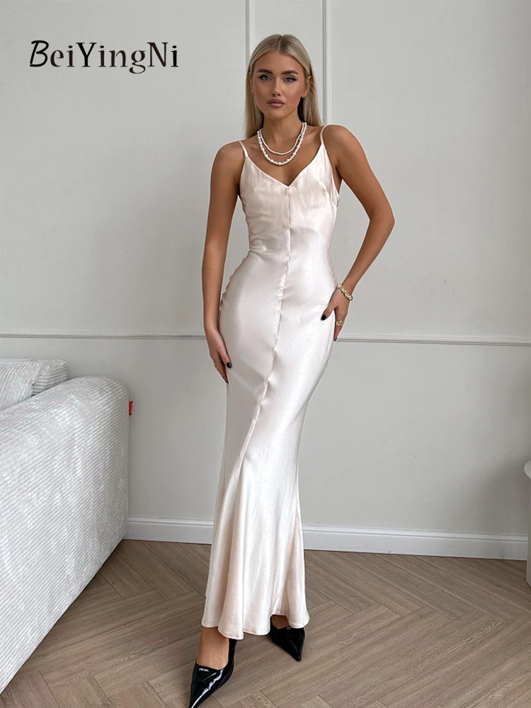 

Beiyingni Women Sling Dresses 2025 Spring Summer Sexy Elegant Slim Fit Satin Backless Party Luxury French Long Midi Dress Ladies