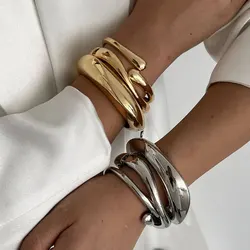Vintage Wide Cuff Bangles Hip Hop Punk Gold Silver Color Geometric Metal Spring Bangles For Women Bracelets Men Jewelry Gifts