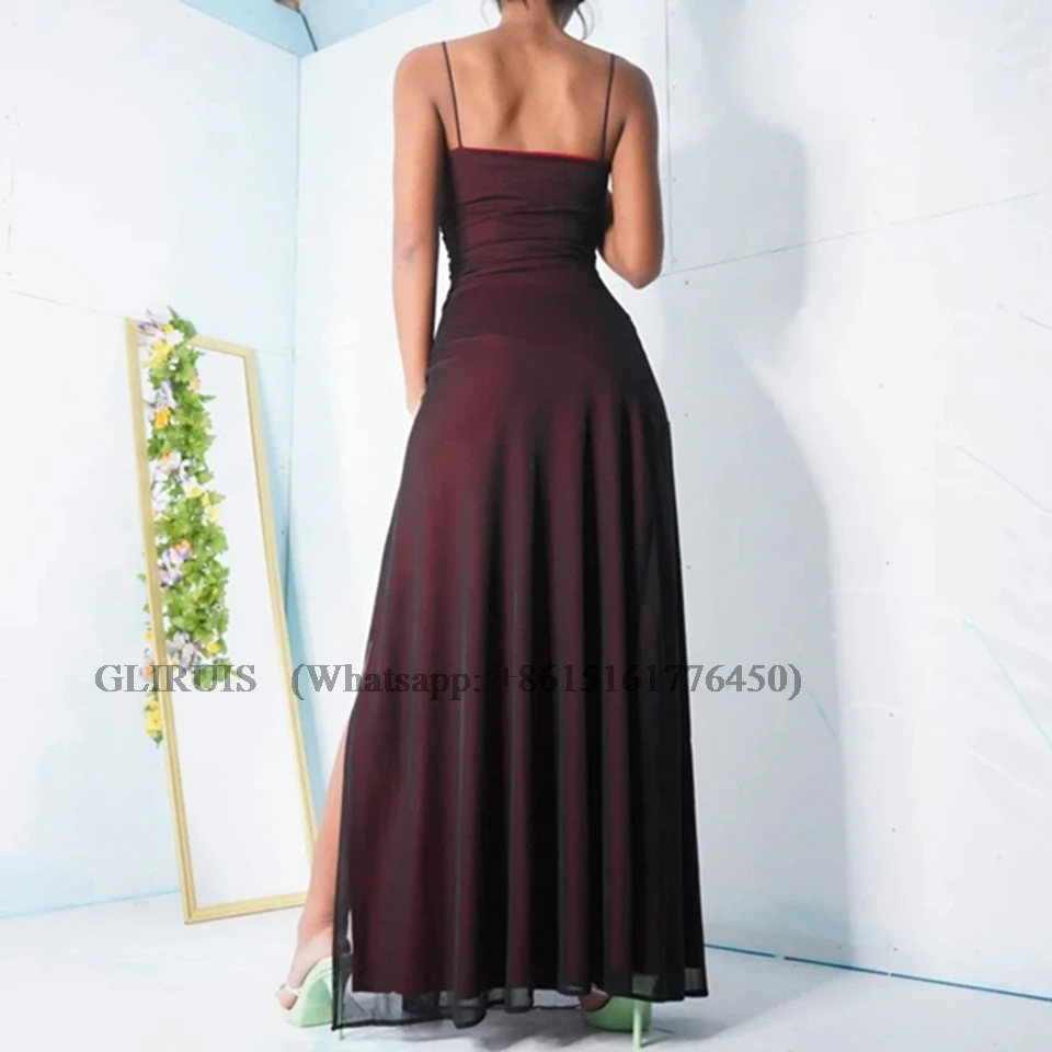 Dark Red Spaghetti Straps Tulle Mermaid Prom Gown High Side Slit Party Floor Length Evening Dresses For Women Customized