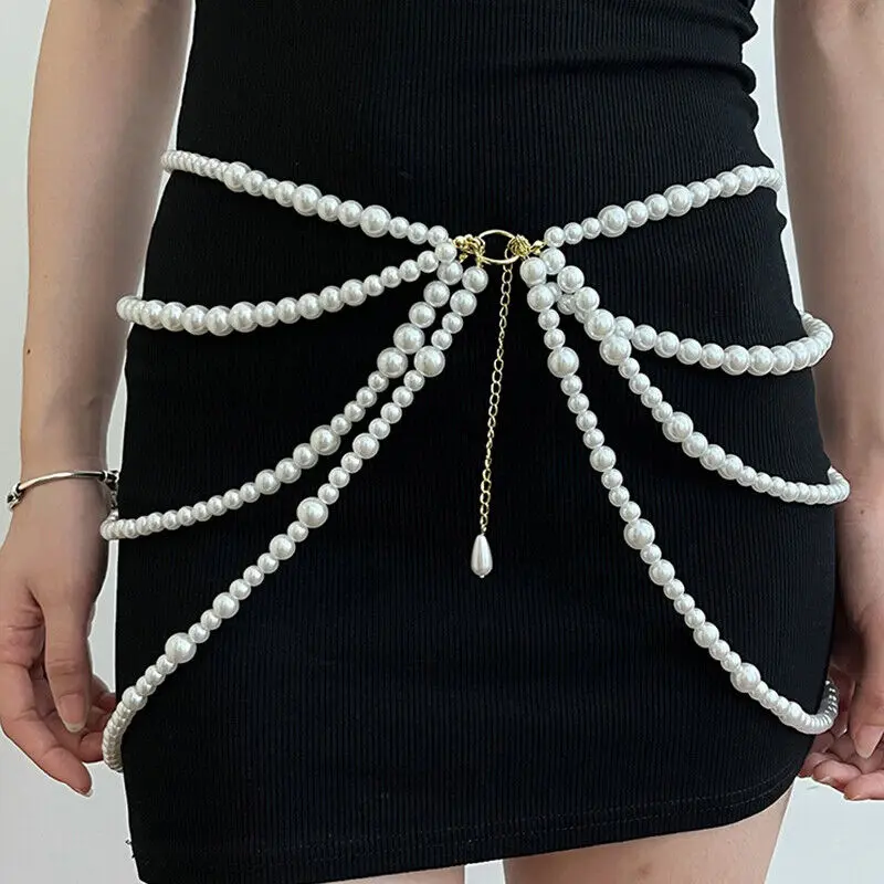 Multilayer Pearl Waist Chain Women Elegant Body Accessories Sexy Party Waist Chain Faux Pearl Decor Waistband for Dresses Skirts