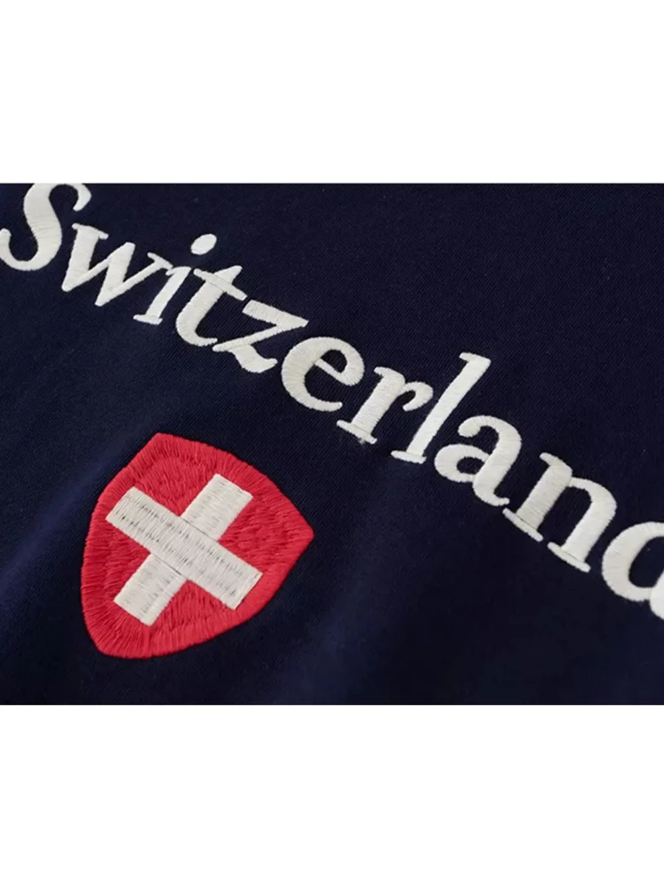 PUWD Women Fashion Navy Switzerland Embroidery Sweatshirts 2023 Fall Vintage O Neck Long Sleeves Tops Female Loose Pullovers