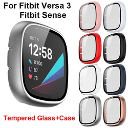 Glass+Case For Fitbit Versa 3/Sense Tempered Glass All-Around Protective Screen Protector Cover Bumper for Fitbit Sense/Versa 3