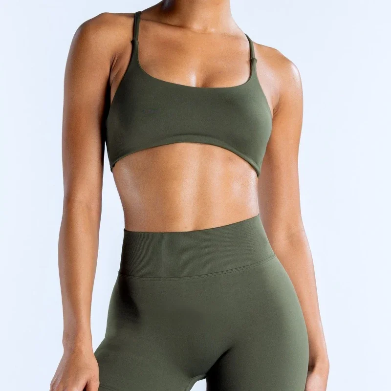 2 Pieces Outfits Set Women Seamless Strappy Back Sports Bra Medium Support High Waist Yoga Leggings Fitness Clothes Workout Set