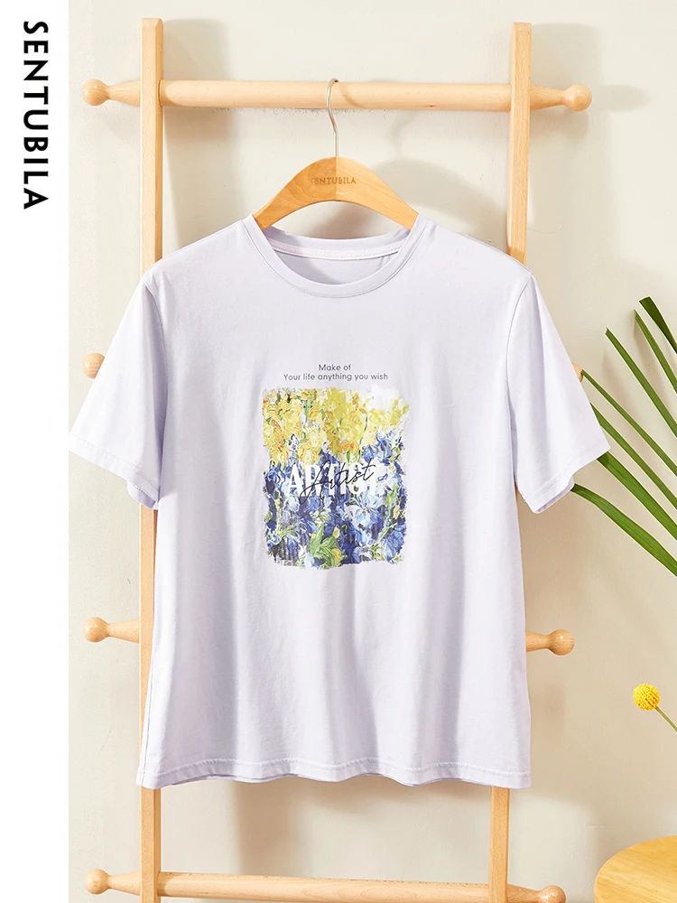 SENTUBILA 100% Cotton Art Print T Shirt for Women 2024 Casual Straight Summer Tops Short Sleeve Womens Basic Tee Shirt 132T47969