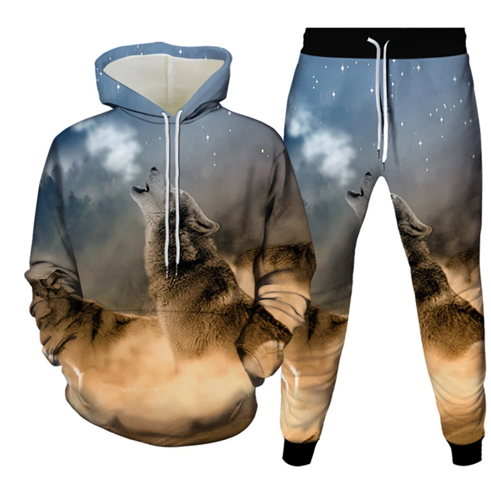 Men\'s Tracksuit Animal Wolf 3d Print Sets Casual Hoodie Pants 2pcs Sets Oversized Sweatshirt Fashion Streetwear Men Clothing