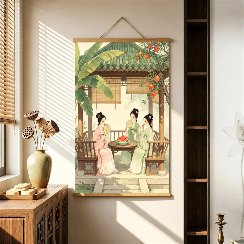 Wall Art Classical Garden Ladies in Spring Courtyards, Chinese Storybook Pearlescent Canvas Wall Hanging Scroll for Tea House