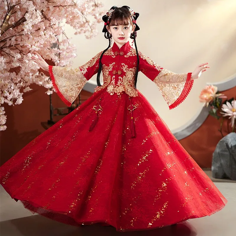 

Vintage Chinese Hanfu Cloak Tang Suit Flower Girl's Dress For Chinese Wedding Evening Costume Kids Red Chinese New Year Clothes