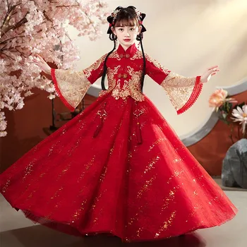 Vintage Chinese Hanfu Mantel Tang Pak Bloemenmeisje Jurk Voor Chinese Bruiloft Avond Kostuum Kinderen Rode Chinese Nieuwjaar Kleding