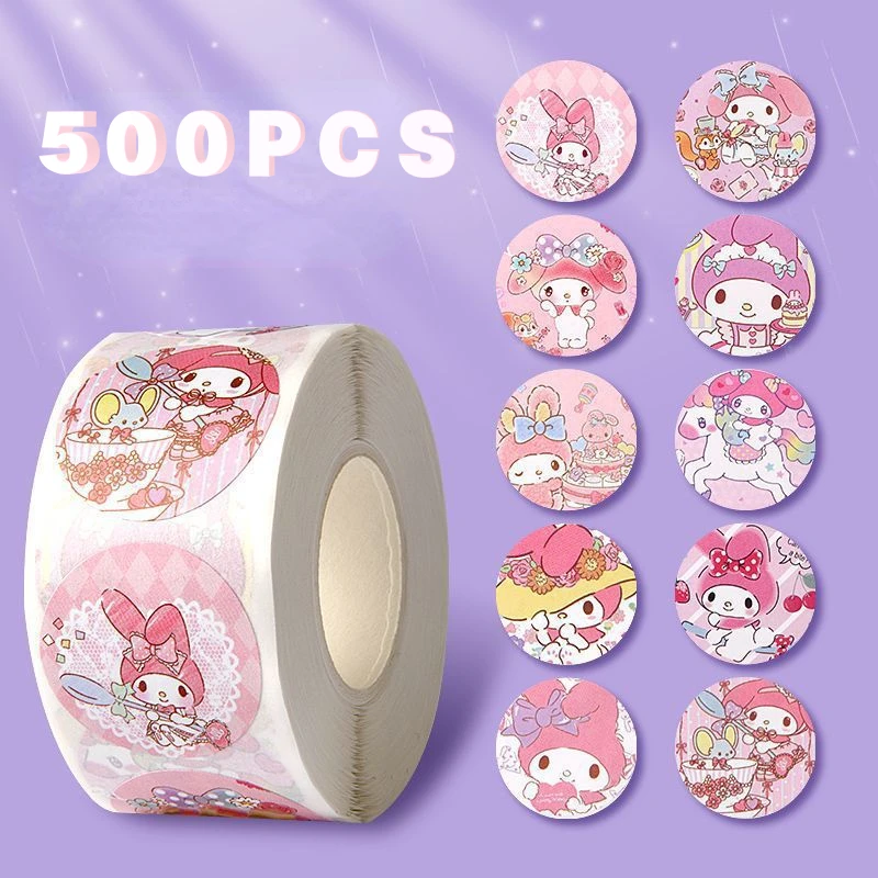 MINISO 500Pcs/Roll Sanrio Stickers Hello Kitty Melody Kuromi Cinnamoroll Luggage Graffiti Decals Kid Toy Decoration Sticker