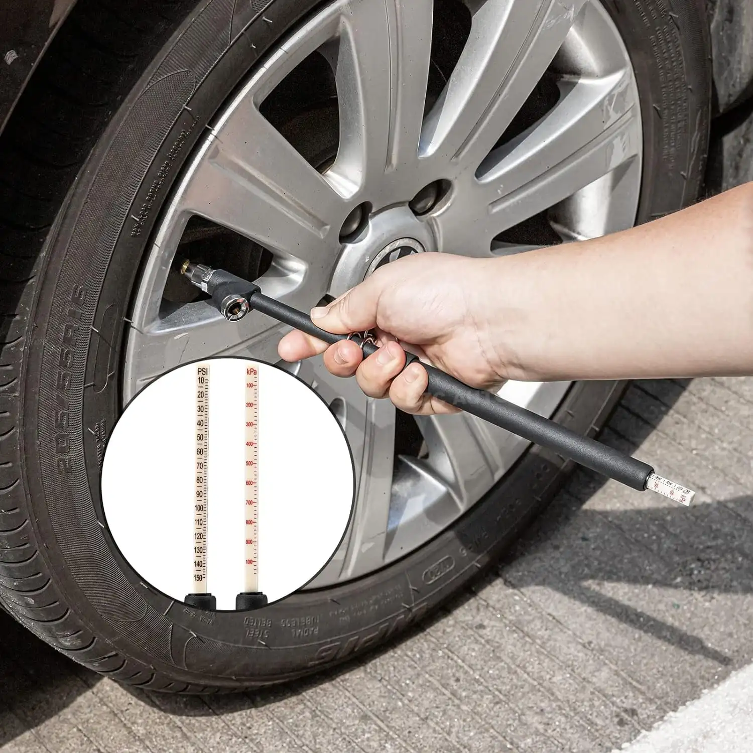 

Tire Pressure Gauge Heavy Duty Air Pressure Tire Gauge, Straight-on Foot Dual Head Chucks Black 10-150PSI（Black）