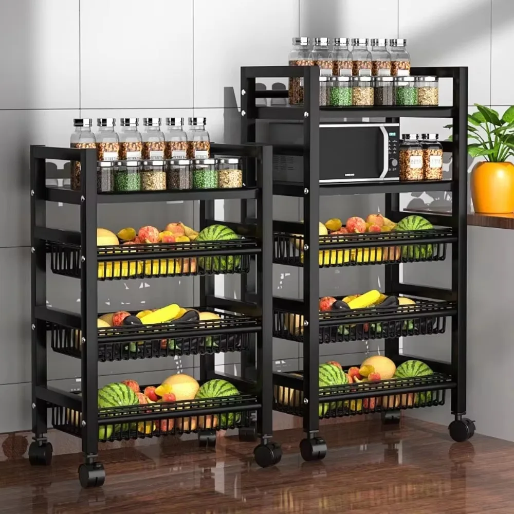 Kitchen Vegetable Basket Trolley Movable Microwave Oven Storage Rack Kitchen Multifunctional Storage Rack Space Saving Trolley
