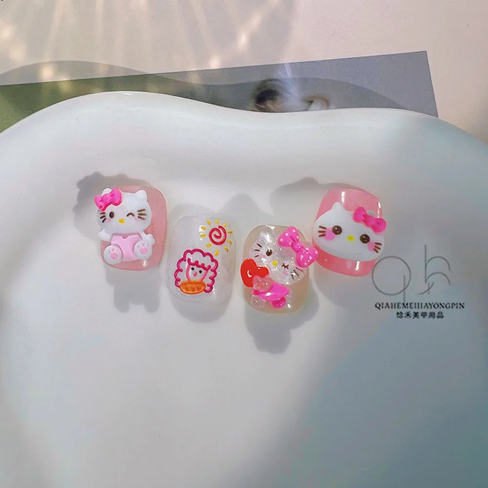 10pcs Miniso Hello Kitty Mini Nail Charms 8 Styles Transparent Glitter Hello Kitty Resin Nail Art Decorations Nail Accessories &