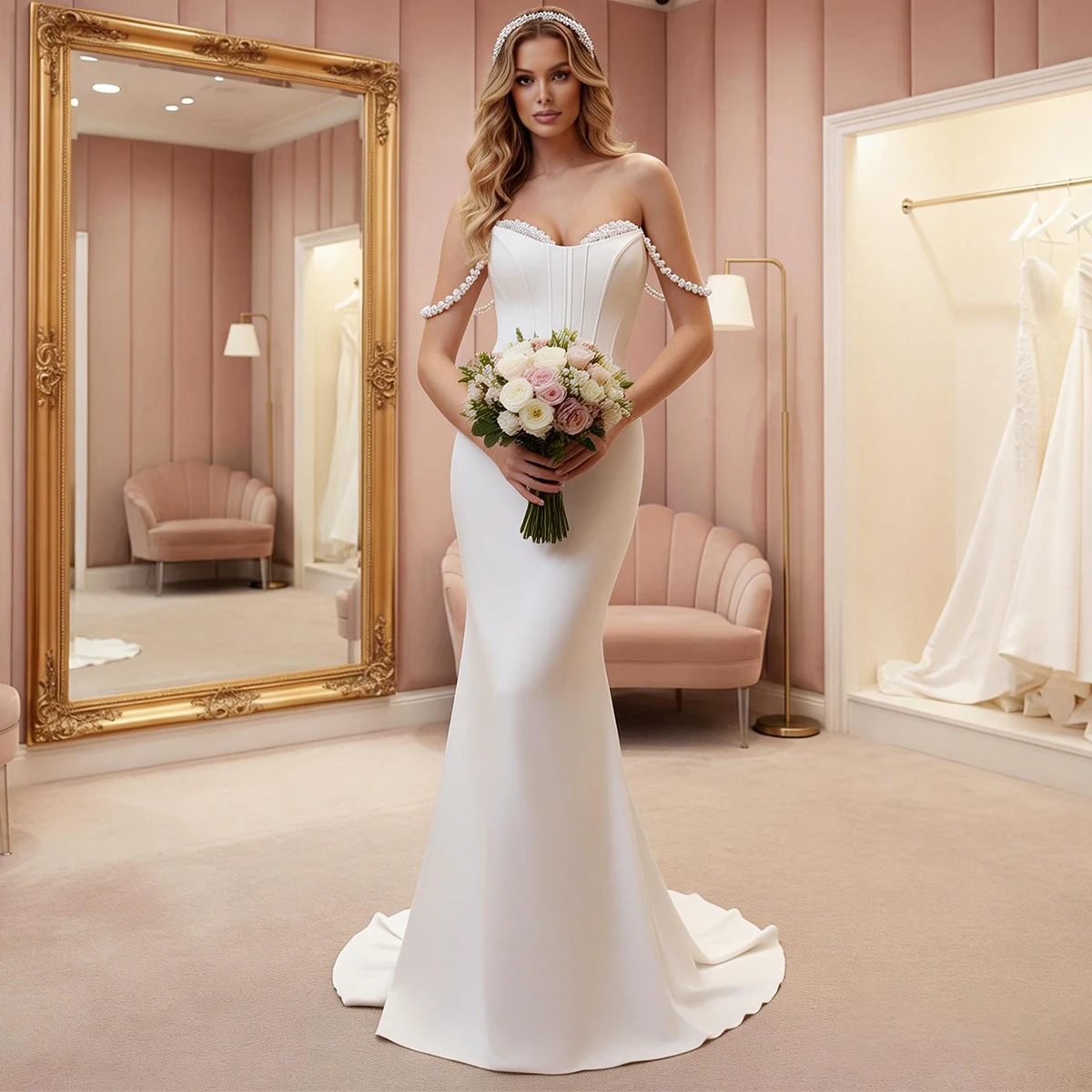 ชุดแต่งงานทรงเมอร์เมดประดับลูกปัดหรูหราแบบเปิดไหล่สำหรับเจ้าสาว ชุดราตรีผ้าซาตินทรงยาวสำหรับผู้หญิง ชุดเจ้าสาว