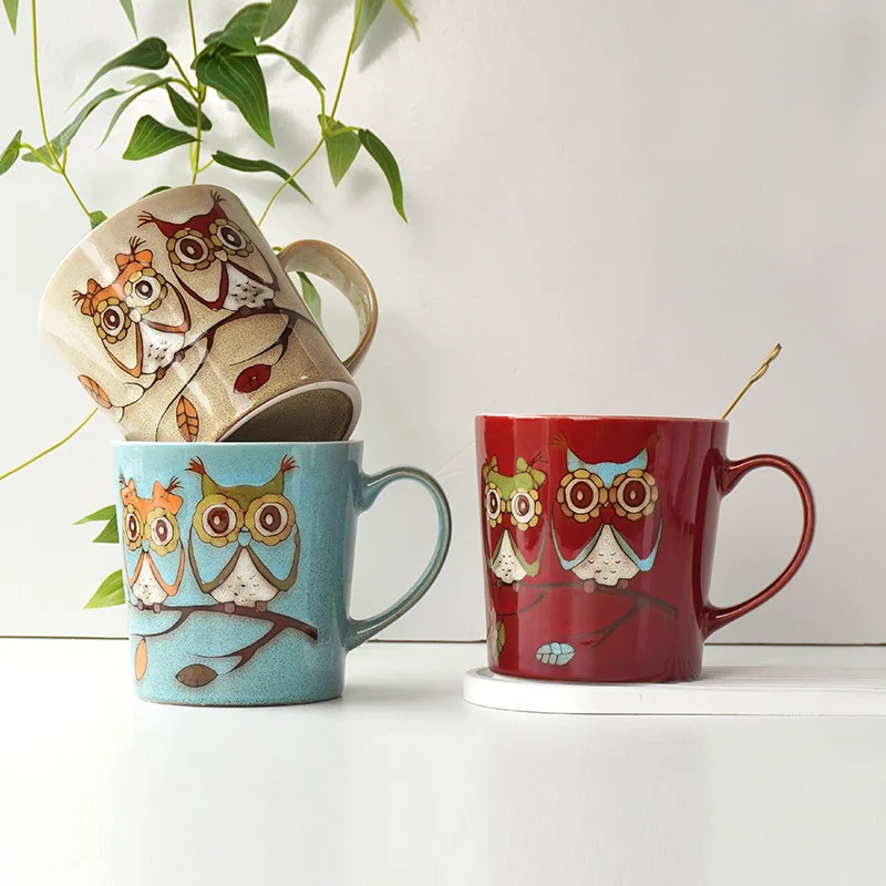 Vintage Owl Ceramic Mug Large Capacity V Shape Coffee Cup Ins Style Forest Theme