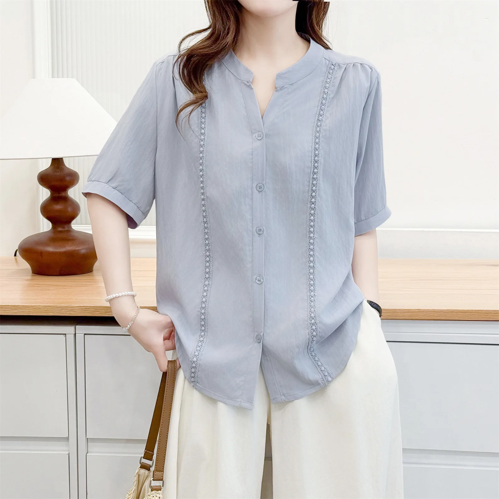 2026 Summer Plus Size V Neck Lace Splicing Open Blouse Short Sleeve Casual Daily Shirt Curvy Ladies 2626 view 2