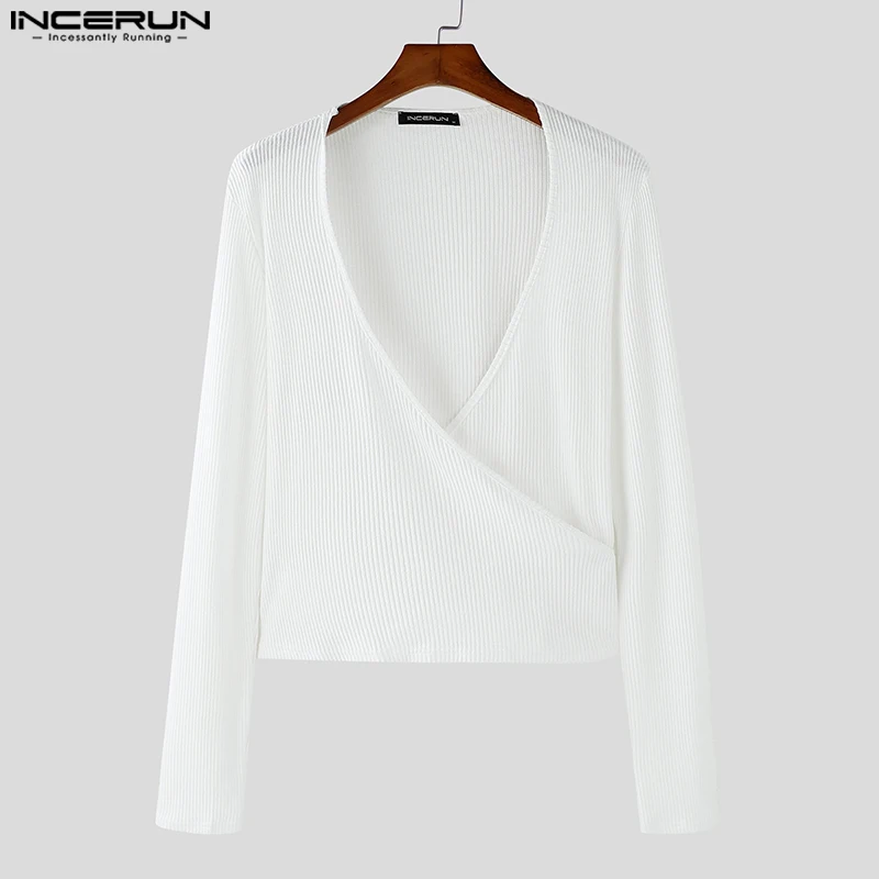 INCERUN Solid Color Long Sleeve Tops American Fashion Cross-Over Collar Texture T-shirts Men Well Fitting Sexy Knitted Camiseta image 5