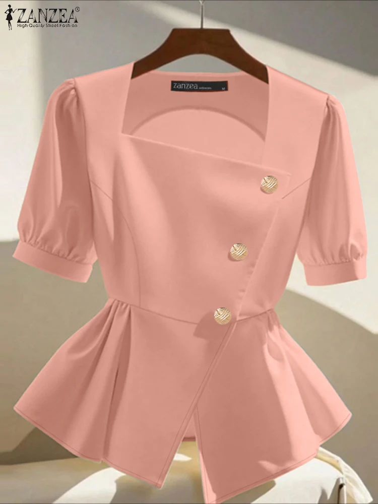 2023 ZANZEA Elegante Frauen Square Neck Puff Sleeve Arbeit Blusen Sommer Shirts Stilvolle Feste Tasten Tunika Tops Taille OL Blusas