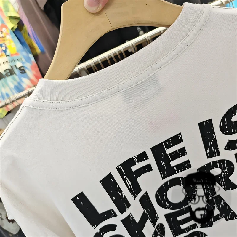 summer white pure cotton false perception T-shirt for men and women casual loose vintage T-shirt