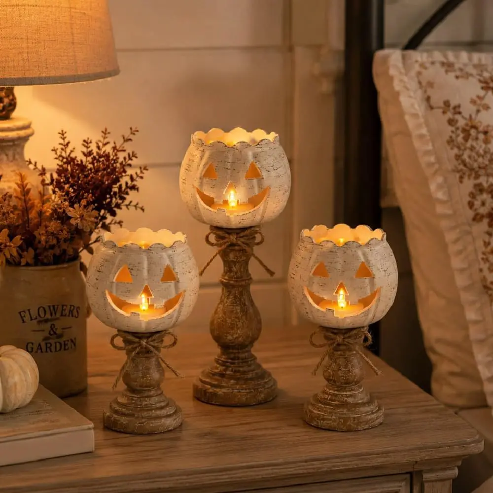 Vintage Pumpkin Metal Candle Holder – Jack-O-Lantern Tabletop Centerpiece for Halloween Fall Home Decor