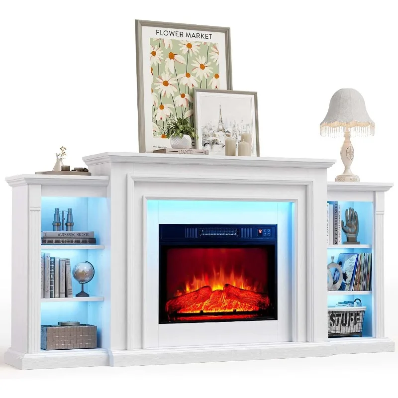 72" LED Lights Electric Fireplace Mantel,Fireplace TV Stand TVs Up to 80",Delicate Three-Dimensional Molding with Remote Control