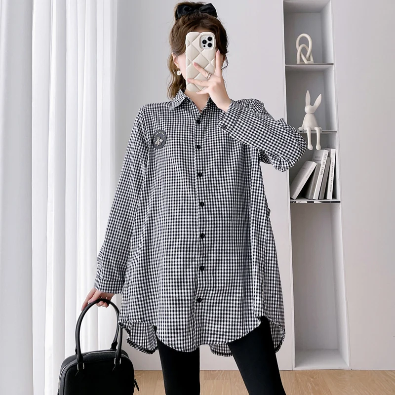 

Korean Style Maternity Pants Suits Preppy Style Autumn Pregnancy Women's Clothes Set Vintage Plaid Shirts+Belly Pants Twinset