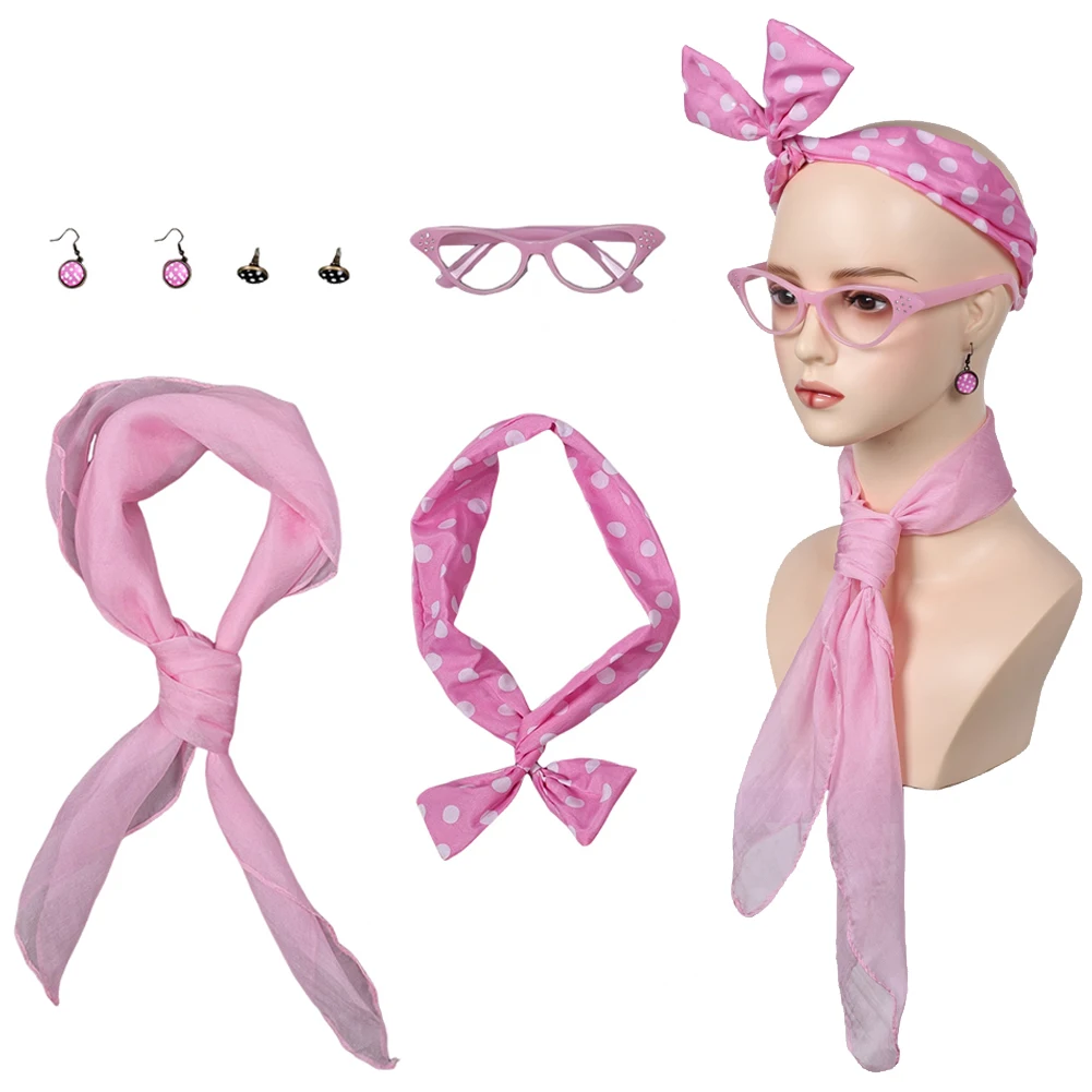 1950s Pink Ladies Role Play Headband Glasses Earrings Scarf Movie Grease Cosplay Costume Accessroies Retro Women Masquerade Prop