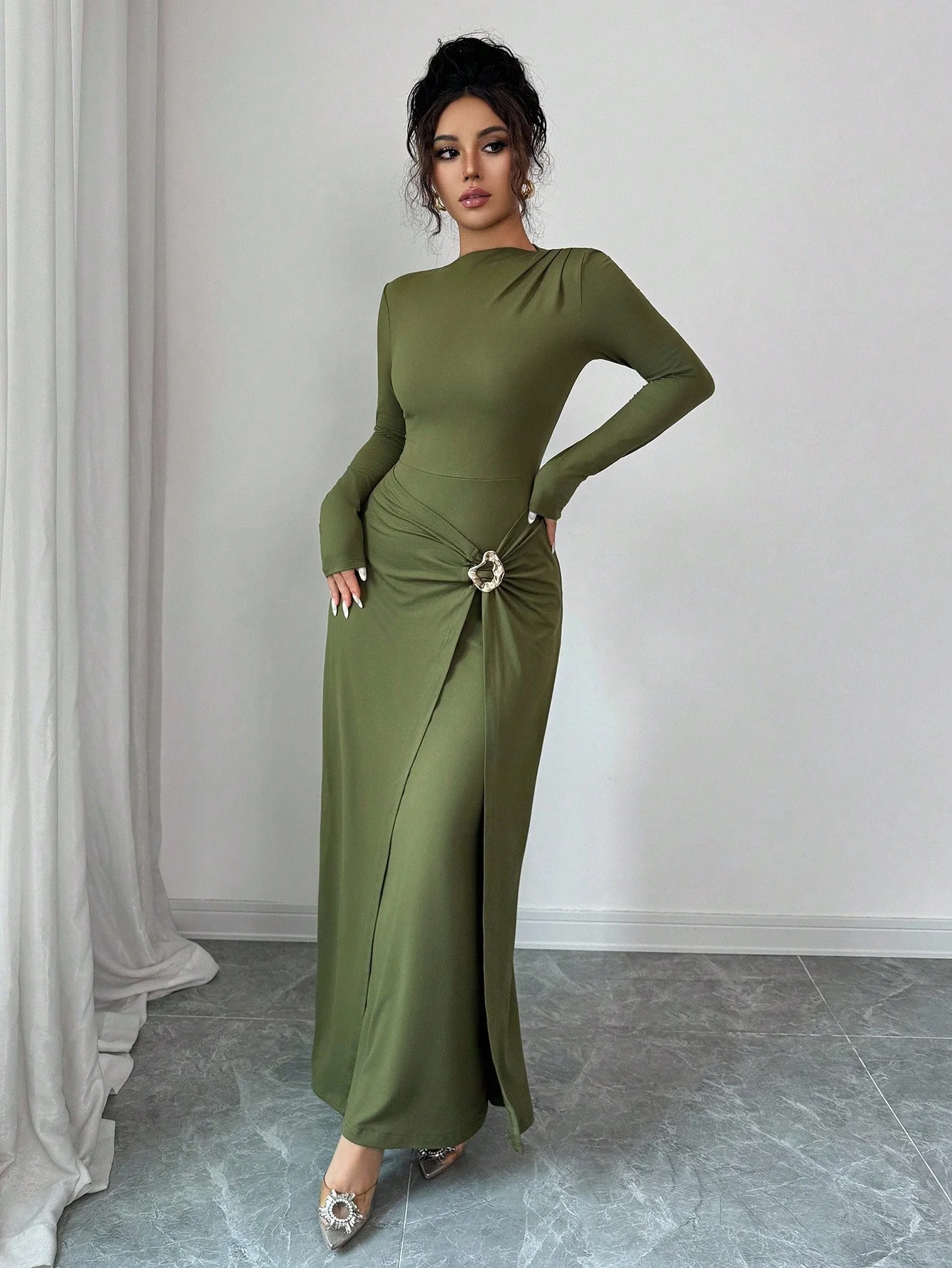 Lente en herfst nieuwe modieuze Franse stijl effen kleur lange jurk