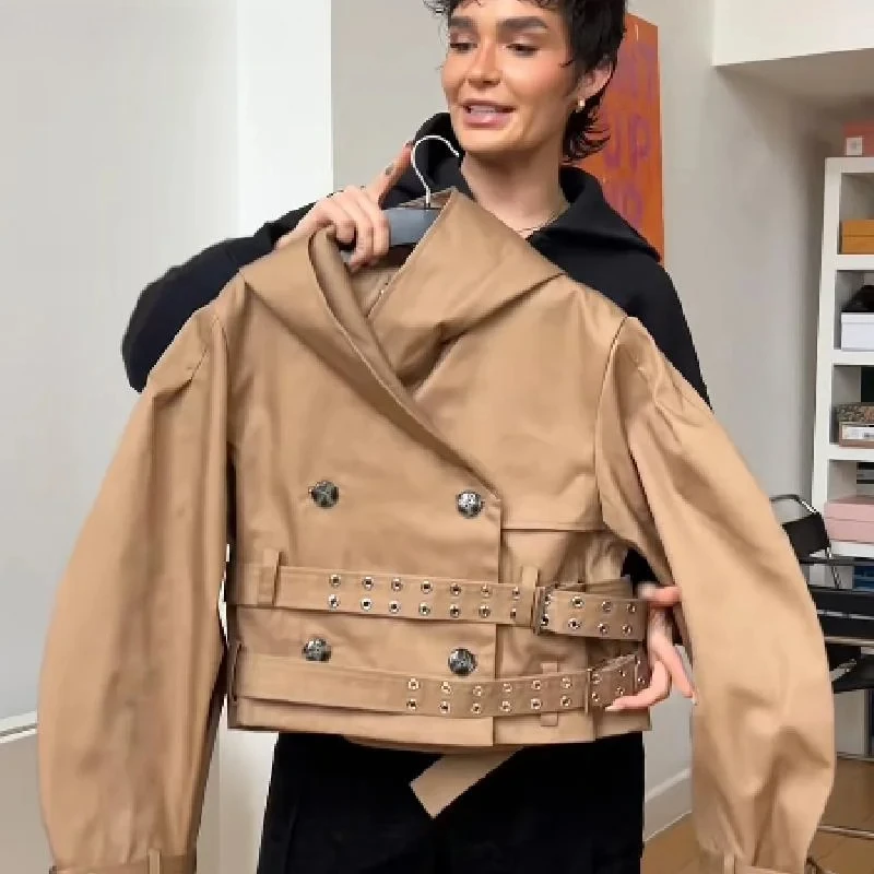 

Новое женское укороченное пальто Y2K с отложным воротником и рукавами «летучая мышь», осенняя верхняя одежда, свободное пальто с капюшоном и длинными рукавами, шикарный панк-тренч 2026 года