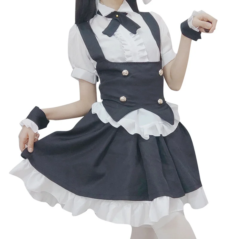 Japanese Black and White Maid Dress Sexy Bunny Dovetail Dress Women Princess Short Sleeve Kawaii Uniform Lolita Puffy Skirt