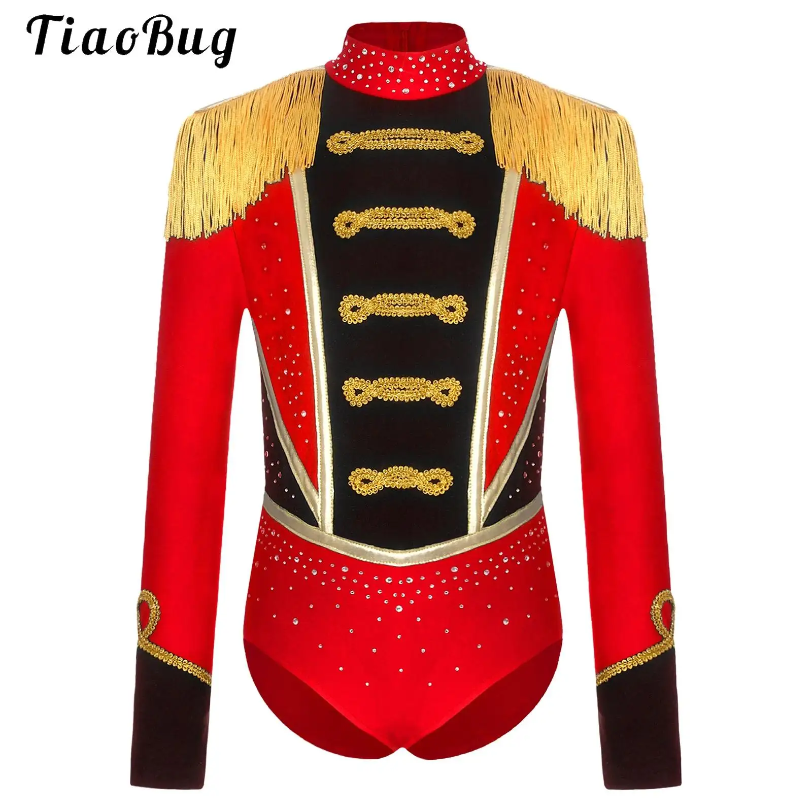 Kids Girls Circus Costume Ringmaster Jumpsuit Rhinestones Long Sleeve Fringed Epaulets Leotard Bodysuit Halloween Magician Suits
