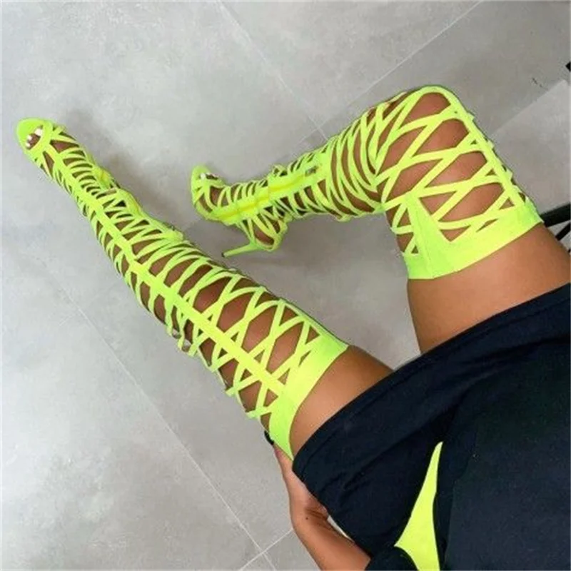 

Sexy Hollow Out Wasit Pants Thigh High Boots Ladies Runway Trendy Over the Knee Long Sandals Boots Big Size Summer Botines Mujer