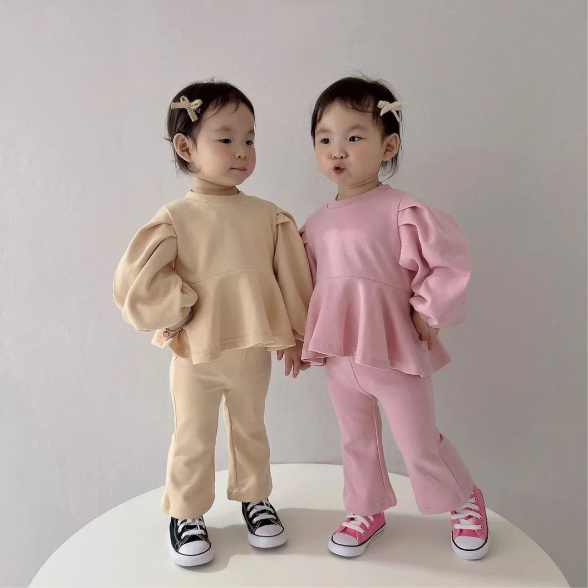 2024 Spring Girl Baby Solid Casual Puff Sleeves Tops + Flared Pants 2pcs Fashion Cotton Children Sweatshirt Suit Kids Tracksuit