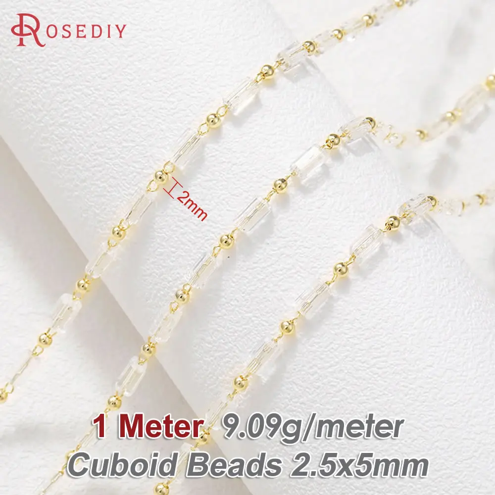 1 Meter 18K Gold Color Brass and Glass Cuboid Beads Chains Necklace Chains Jewelry Making Supplies Diy Accessories