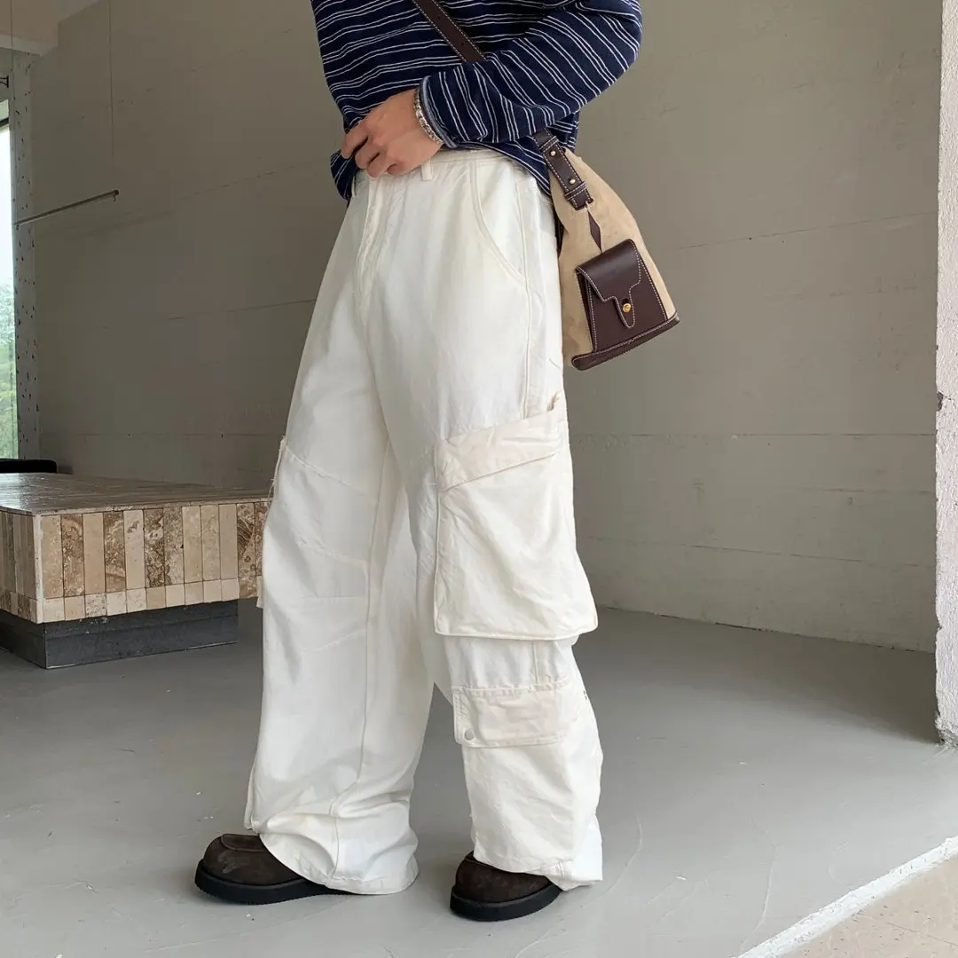 White Baggy Jeans Men Streetwear Vibe Vintage Fashion Loose Casual Wide Leg Multi-pocket Straight Cargo Jeans Pants Trousers