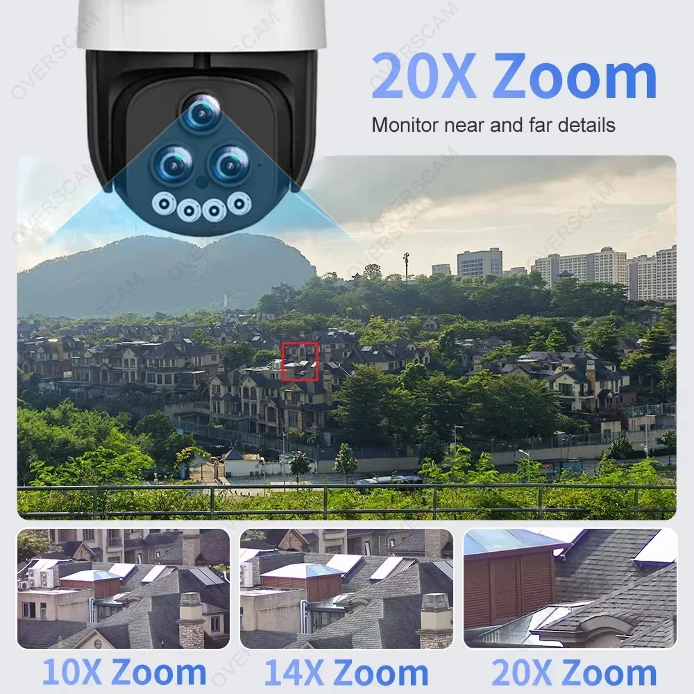 20MP خمسة عدسة واي فاي PTZ IP كاميرا تتبع السيارات في الهواء الطلق 4K 20X التكبير اللاسلكية CCTV كاميرا مراقبة فيديو اللون للرؤية الليلية