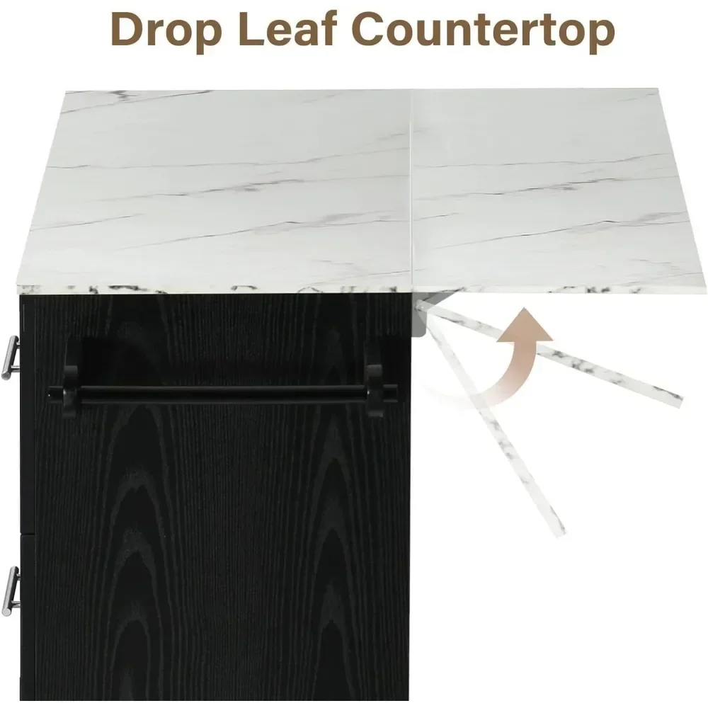 عربة جزيرة المطبخ المتينة مع أوراق متدلية و3 أدراج، جزيرة مطبخ مقاس 43 بوصة على عجلات مع خزانة تخزين، رف توابل