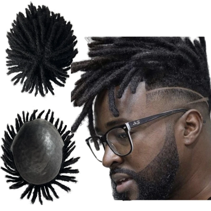 Indian Virgin Human Hair Replacement 1# Jet Black Color 3 inches Short Dreadlocks Knots PU Toupee 8x10 Skin Unit  for Black Men