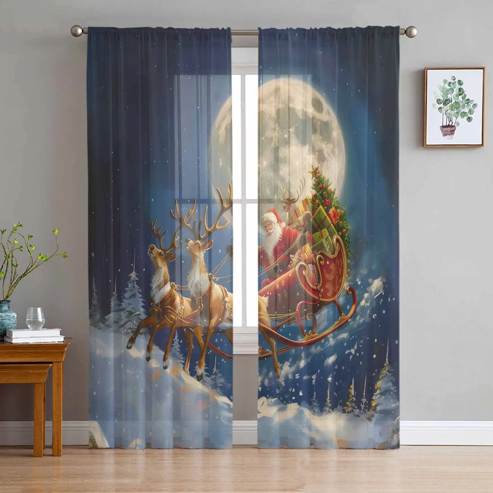 

Christmas Santa Claus Elk Gift Moon Sheer Curtains for Living Room Bedroom Home Hotel Coffee Decor Chiffon Tulle Curtains